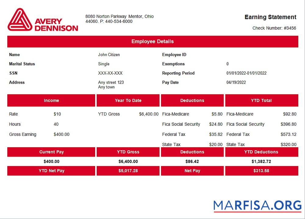 Realistic USA packaging company employee sheet in format, version 2 example